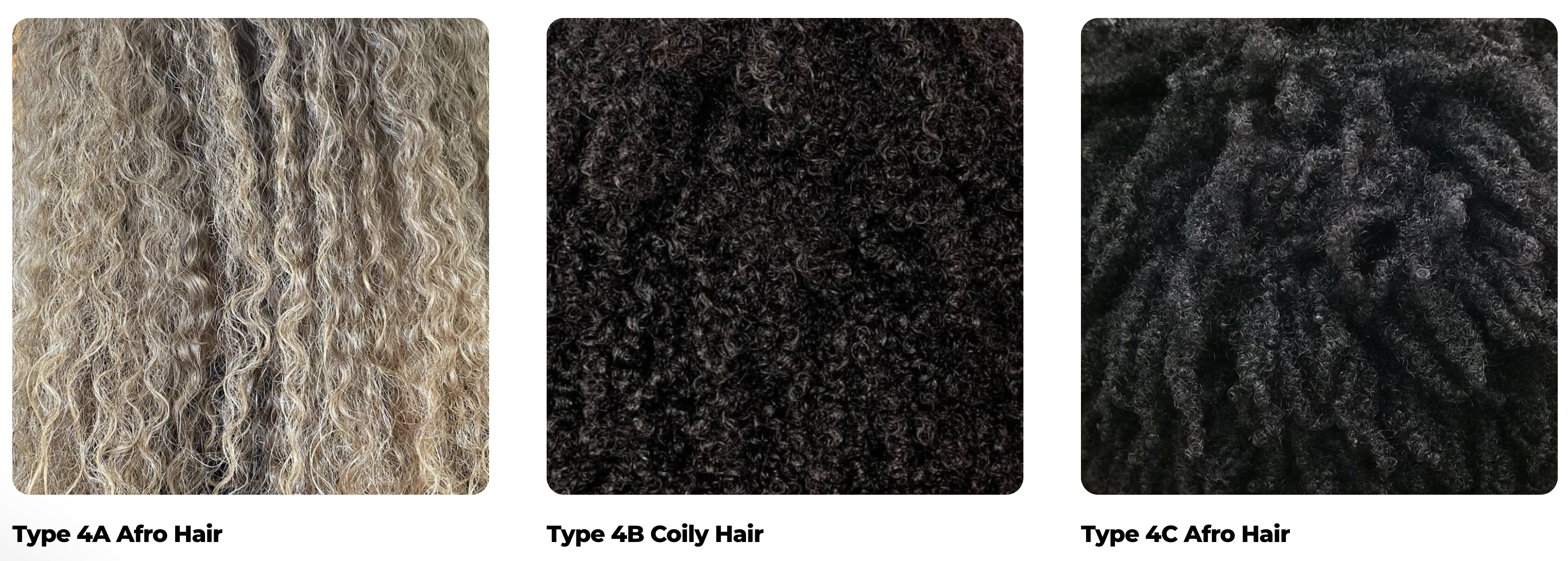 Coily hair types 4A through 4C